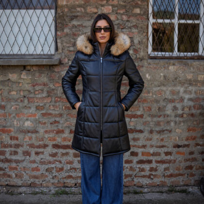 Duga zimska kožna jakna - 120 - Crna